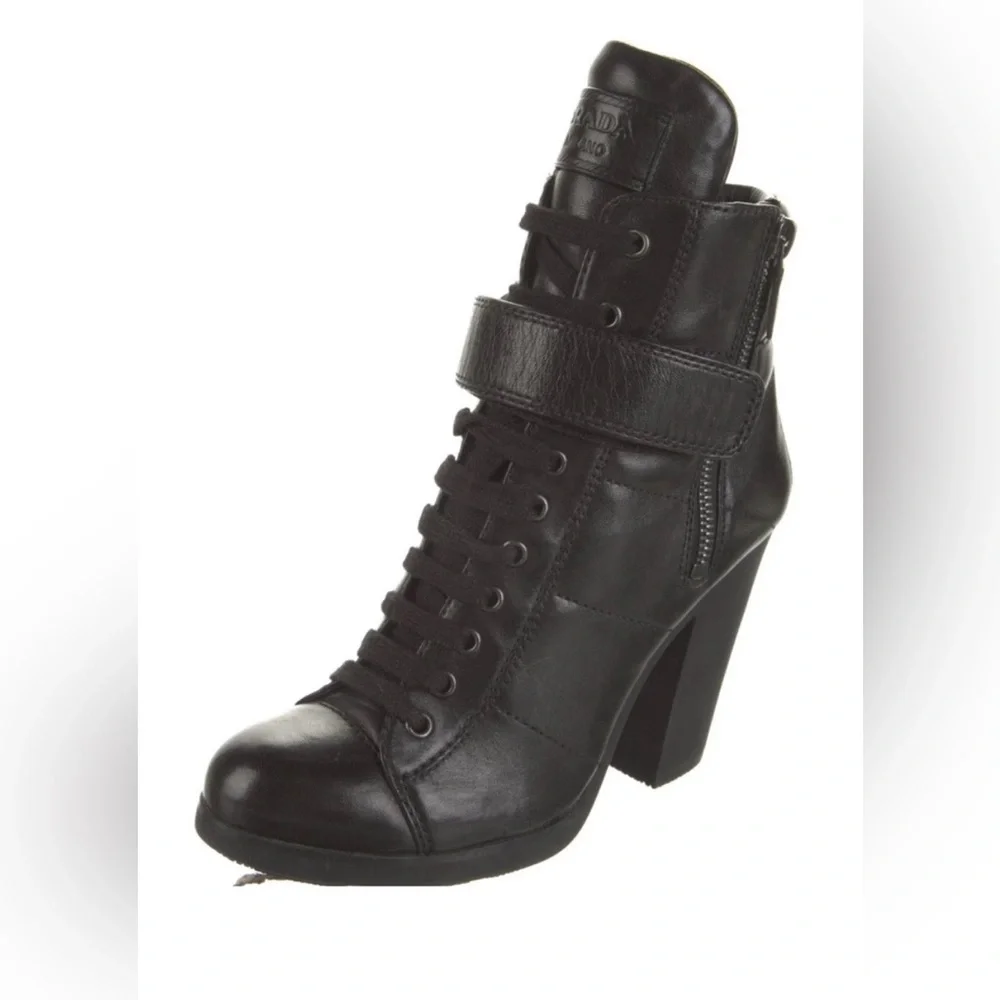 Prada Black Leather High-Heel Lace-Up Ankle Boot with Strap - Picture 1 of 7